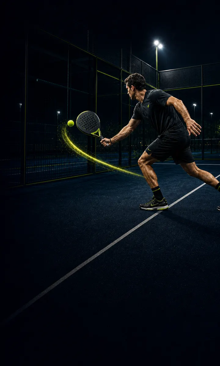 Giocatore che esegue una volée su un campo da padel notturno
