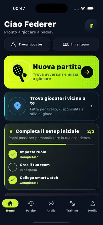 Schermata home di Momentum con accesso a nuova partita, giocatori e team